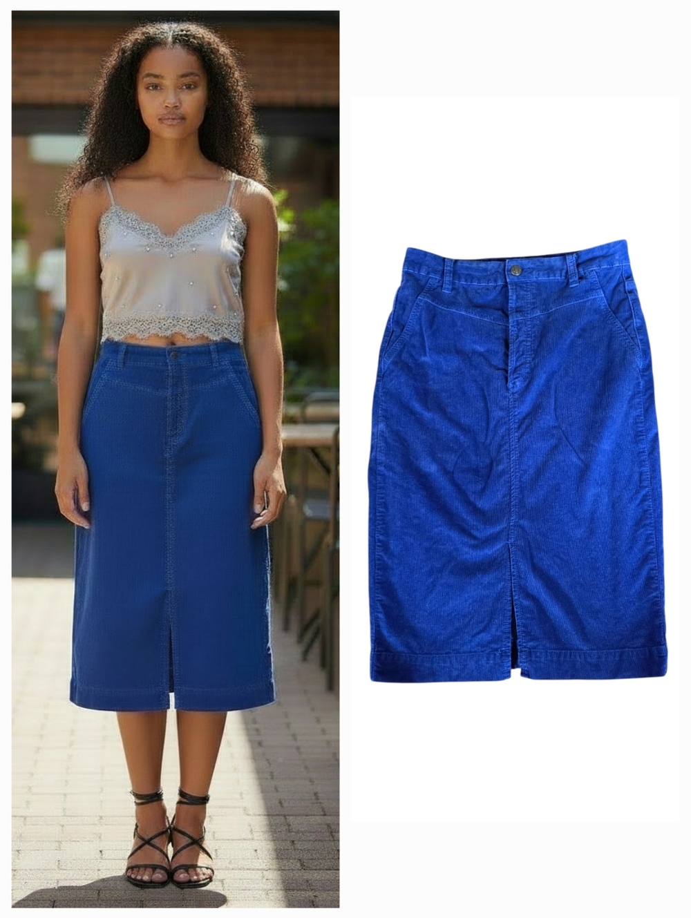 We The Free People Skirt Size 27 Blue Corduroy Pencil Midi Button Fly Front Slit